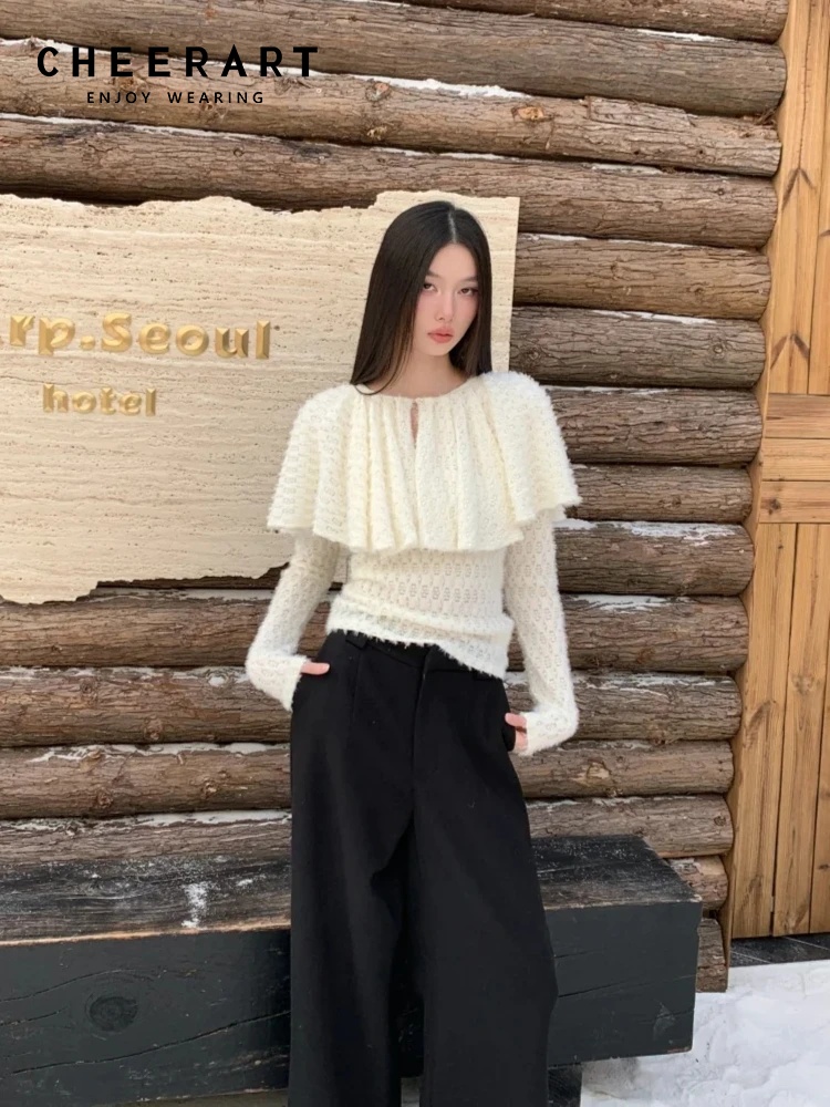 Street Fashion Winter 2026 - CHEERART بلوزة نسائية فاخرة محبوكة بأكمام